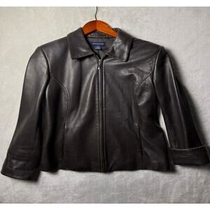 Ann Taylor Genuine Leather Softshell Jacket Women's M Full Zip Career Casual Zap